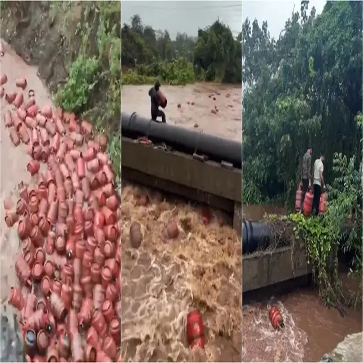 Lpg floodwaters carry thousands gas cylinders